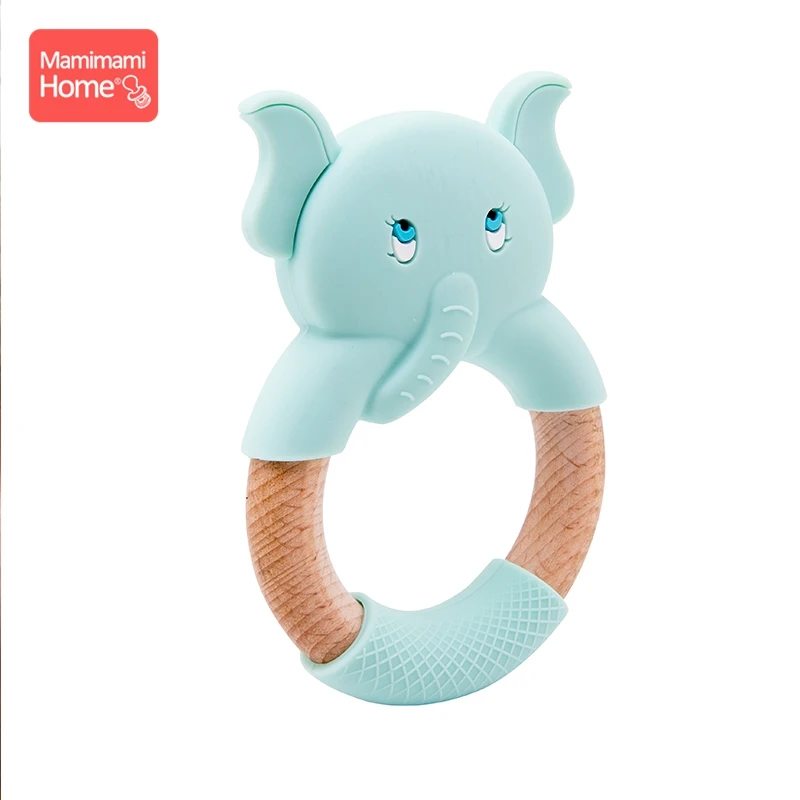 mint Elephant Ring Mamihome Baby Wooden Teether Animal Ring Silicone Rodent Beech Wooden Blank Rabbit Ears baby products Toys Pacifier Pendant Gift - Цвет: mint Elephant Ring
