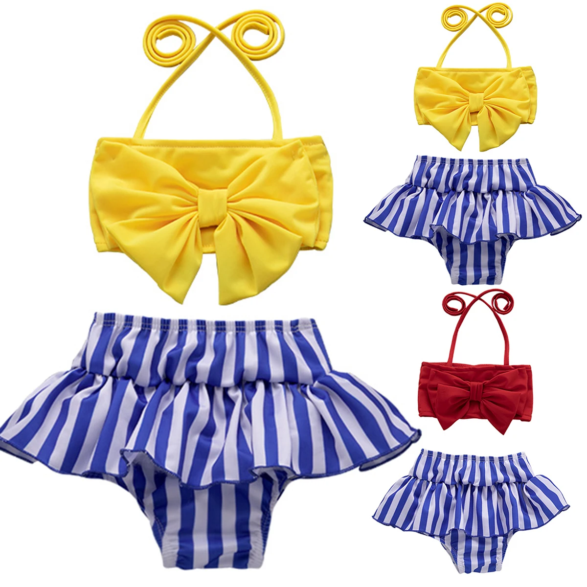 

Summer New Toddler Kids Baby Girl Bowknot Tops Striped Skirted Bottom Bikini Set Swimwear Beachwear Bathing Suit 2PCS Clothes