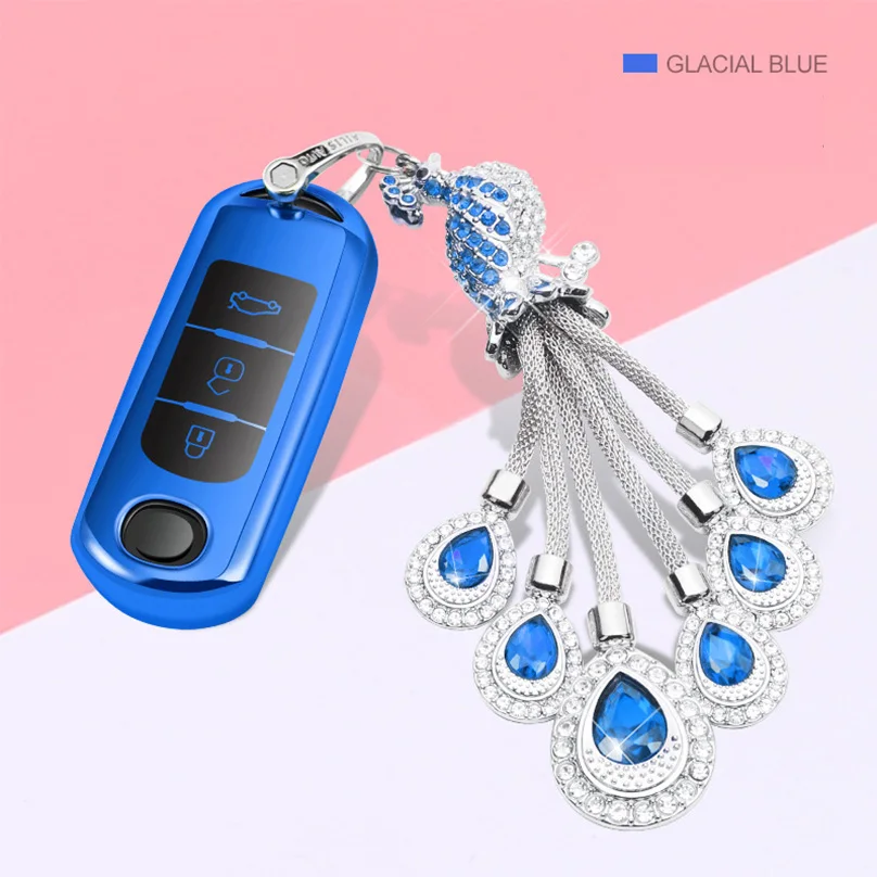 blue with keychain Роскошный алмаз ключи чехол Чехол с украшением в виде кристаллов брелок TPU Защитный чехол для Mazda 6 Mazda 3 Axela Atenza CX-7 CX-9 CX-5 CX5 15-18 - Название цвета: blue with keychain