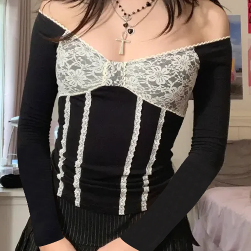 

Women Girls Lace Crop Top Backless Tie Up Kawaii T Shirt Y2K Full Sleeve V Neck Bow Patched Pullovers Retro Fairycore Women Tees