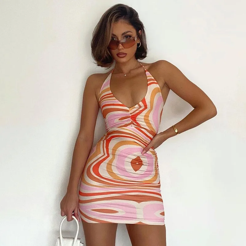 

Summer V-neck Sexy Tight-fitting Halter Dress Vest Female Print Lace-up Sleeveless Halter Mini Dress Ladies Street Fashion