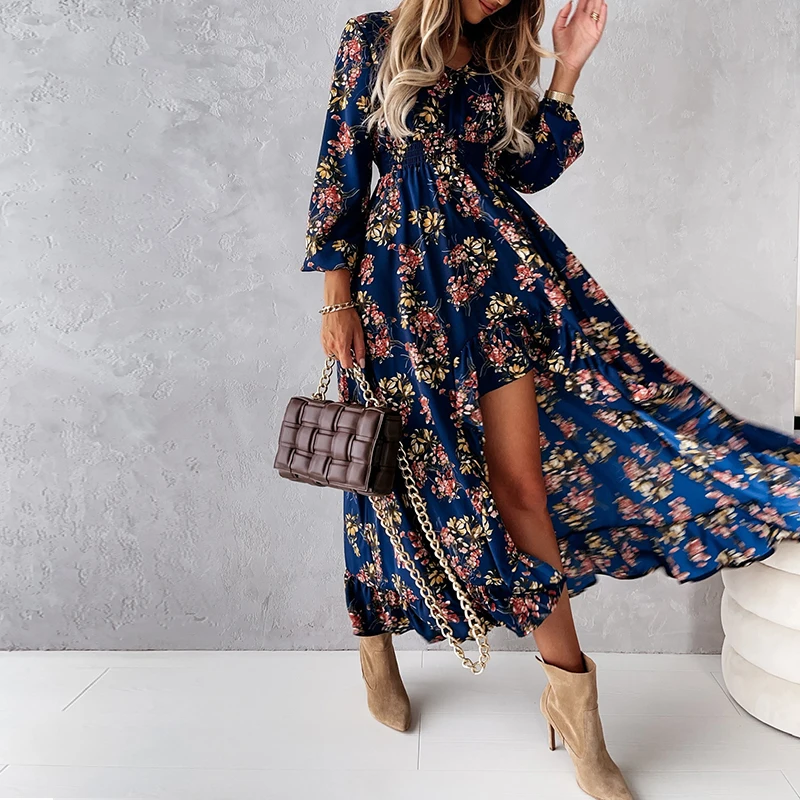 

2021 Autumn Long Floral Print Dress Women V Neck Irregular Ruffles Dress Winter Elegant Full Sleeve Maxi Flower Party Vestidos