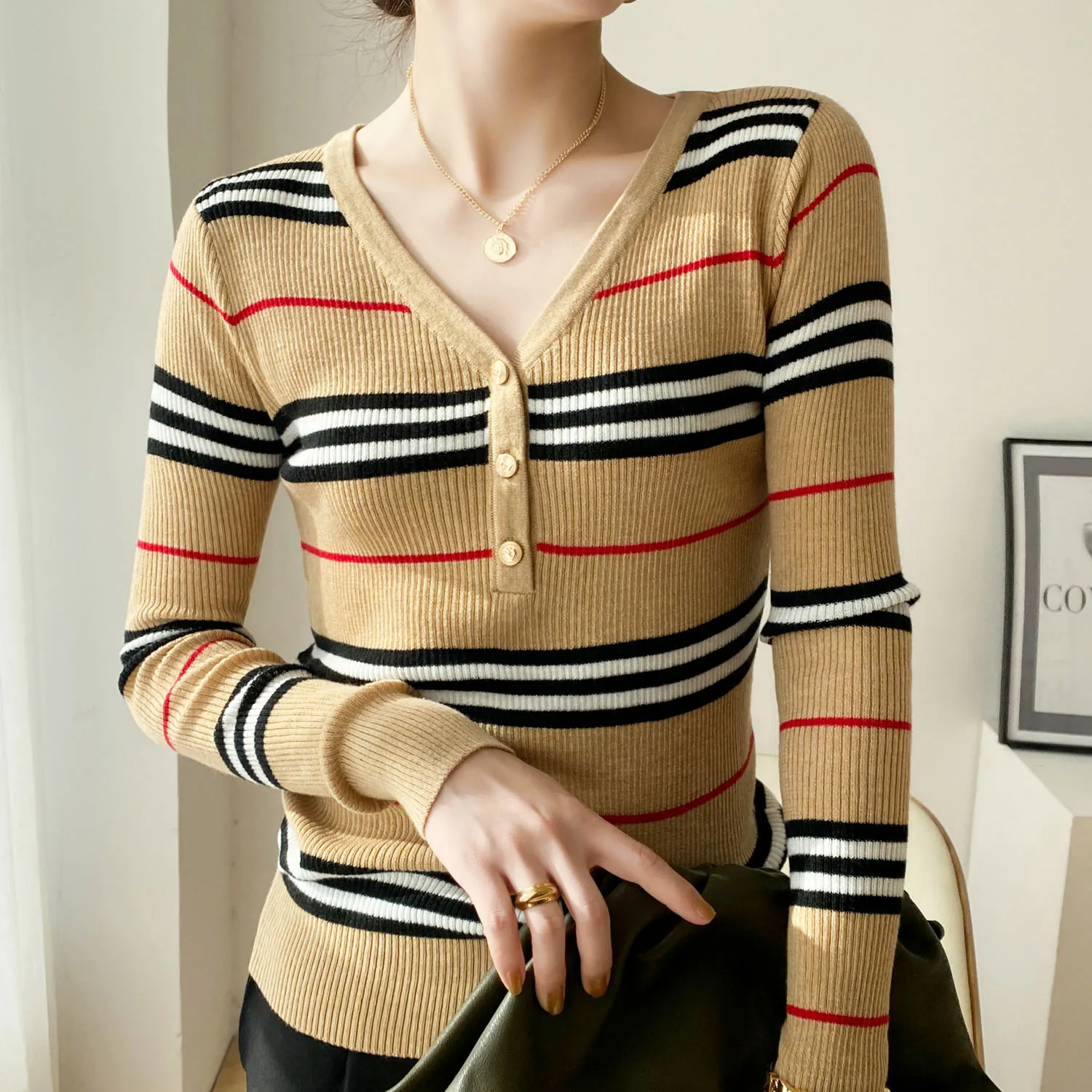 

Hot Sales Classic style women Knitted Cashmere Wool Sweater women stripes High-quality pullovers