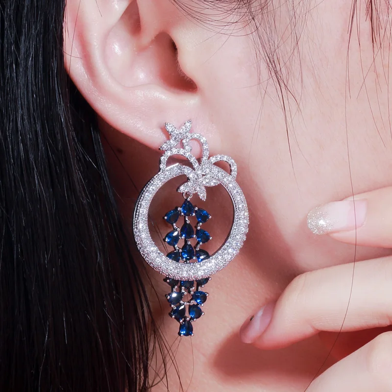 

QooLady Vintage Round Cubic Zircon Blue Tassel Ethnic Long Big Dangle Drop Earring Ladies Cocktail Party Costume Jewelry E059