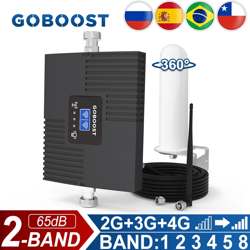 

GOBOOST 2 Band Signal Repeater 2G 3G 4G Network Booster 850 900 1700 1800 1900 2100MHz Cellular Amplifier With 360° Antenna Kit