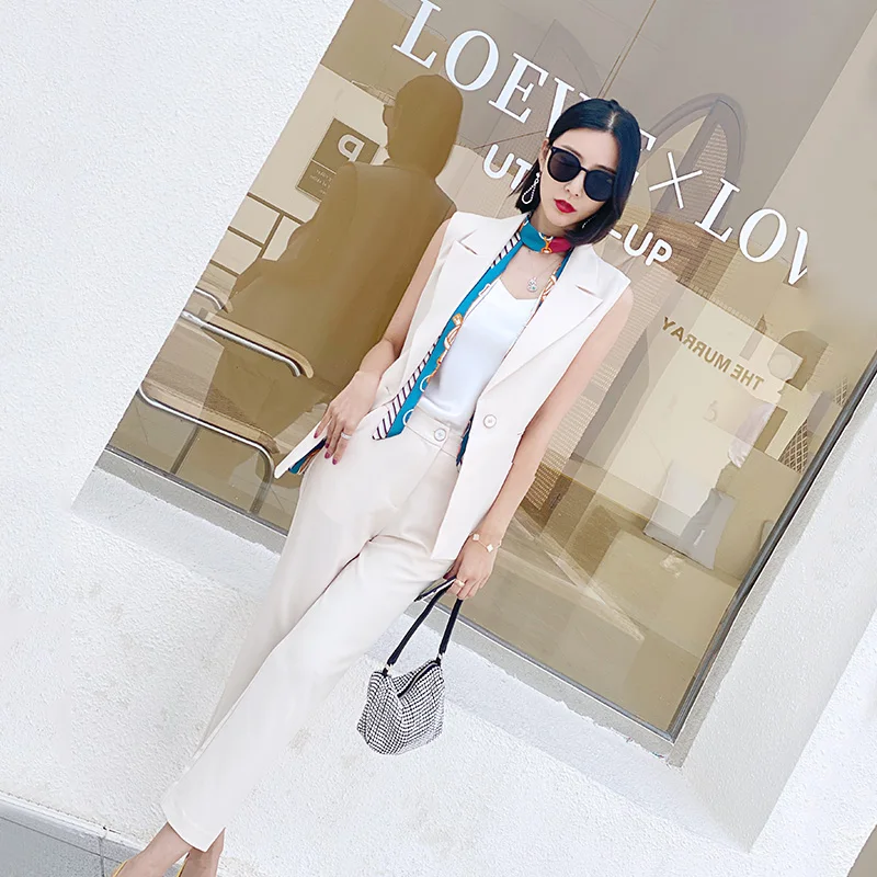 

Blazer Suit Sets Women Office Elegant Sleeveless Jacket Long Pants Sets Summer Female Suits women 2 Piece Set Top And Pants
