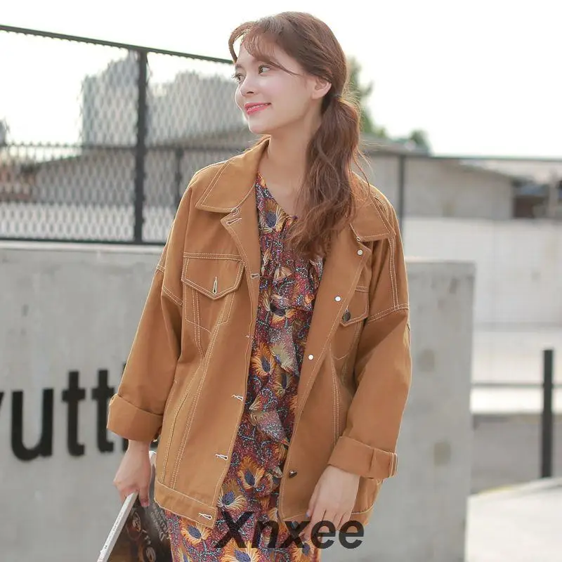 Женская джинсовая куртка Xnxee однотонная Свободная с длинным рукавом и винтажными