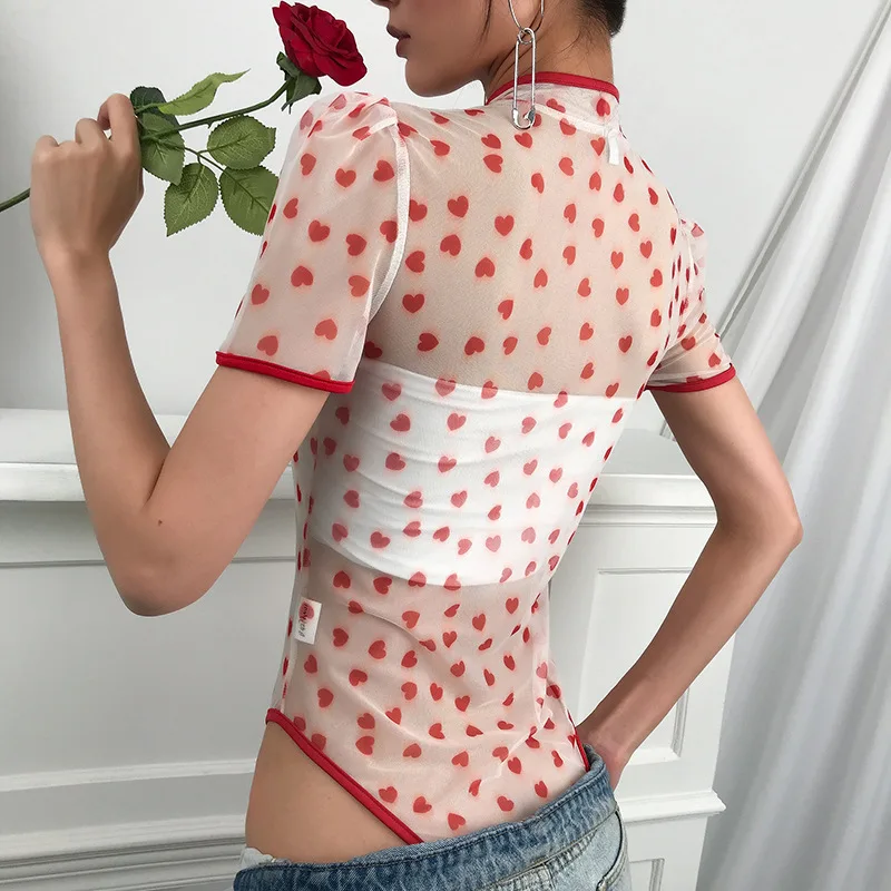 Shestyle Heart Print Zip Short Sleeve Bodysuits Women 2020 Spring Summer Mesh Hollow Out Patchwork See Through Sexy Body Suit | Женская