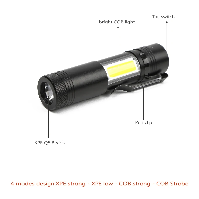 

New Mini Portable Aluminum Q5 LED Flashlight XPE&COB Work Light lanterna Powerful Pen Torch Lamp 4 Modes Use 14500 or AA