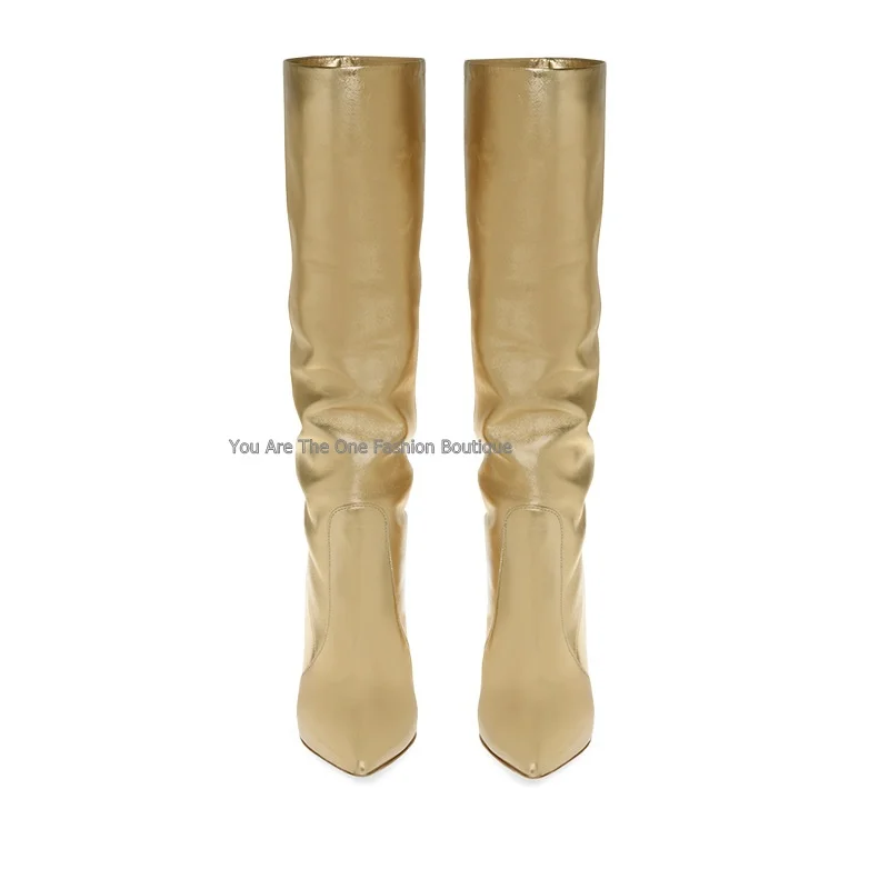 

Goldeb real leather thin high heeled mid-calf boots women high heels slip on sock boots