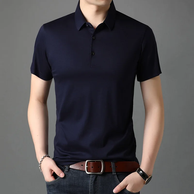 

2021 new men's Polo Shirt Korean fashion brand Lapel slim short sleeve t-shirt men's casual silk T-shirt