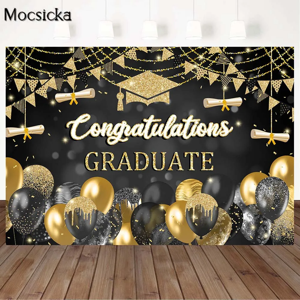 

Mocsicka Congratulations Graduates Class of 2022 Photography Backdrops Bachelor Cap Balloons Golden Party Decor Photo Background