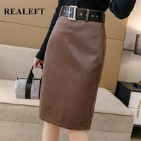 realeft winter womens pu leather skirts with belt 2021 new stylish plaid midi skirts high waist back split pencil skirts female