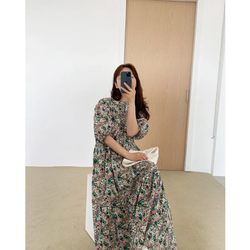 

Women Floral Dress Summer Korean Puff Sleeve High Waist Loose Maxi Dresses Elastic Waist Beach Boho Dress Female Vestidos
