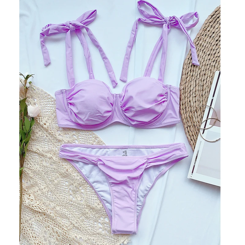 

Cheap Sports Women's Swimsuit Vintage Brazilian Sexy Bikini Set Push Up Swimwear Solid Bikini 2021 Knot Bathing Suit Bathers