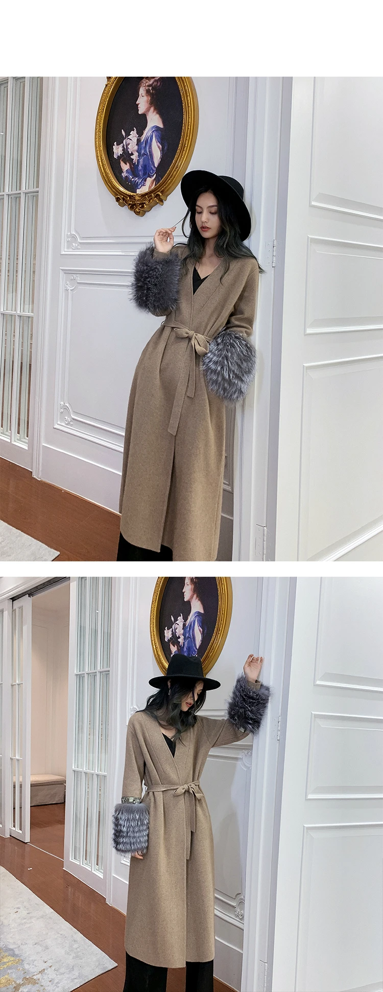 OFTBUY Повседневная модная Натуральная черно-бурая лиса меховые манжеты Верхняя одежда зимняя куртка Женский кашемировый пояс для вязания длинное пальто уличная