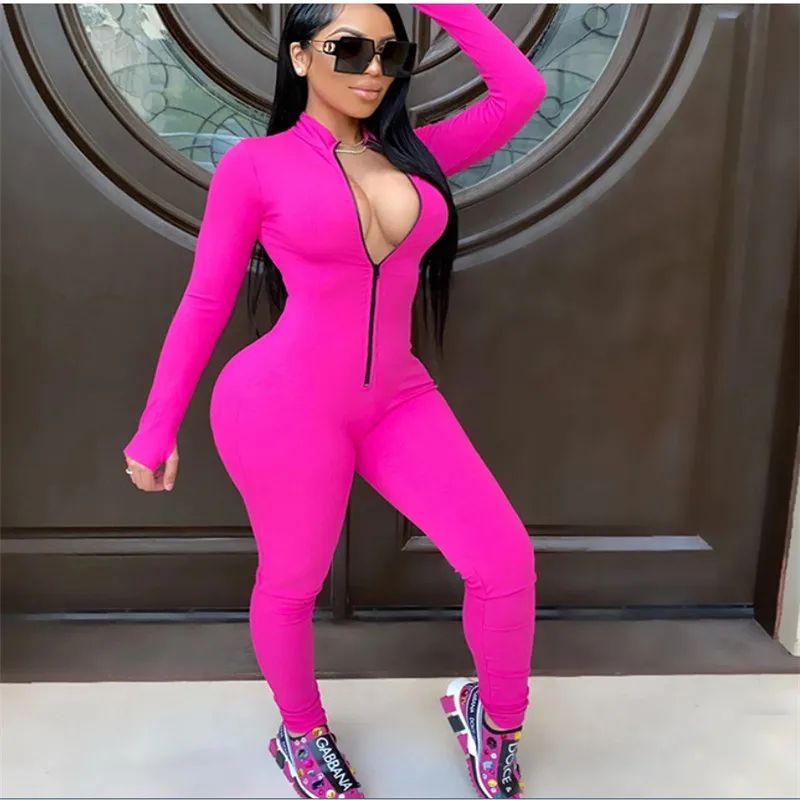 

Women Long Sleeve Zipper V-neck Jumpsuits 2020 Autumn Streetwear Club Sexy Bodycon Overalls