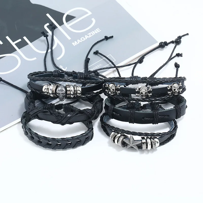 Poisonous Sign Skull Charm Leather Bracelet Set Multiplayer Black Braided Bangle Men Wristband Jewelry 6pcs/set | Украшения и