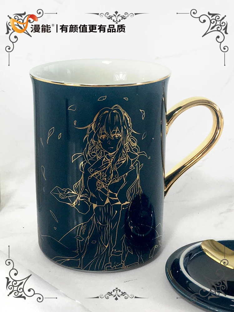 

Hot Anime Violet Evergarden JoJo's Bizarre Adventure Cosplay Ceramic Coffee Mug Cup Gold Stamping Men Women Spoon+Cup lid Cup