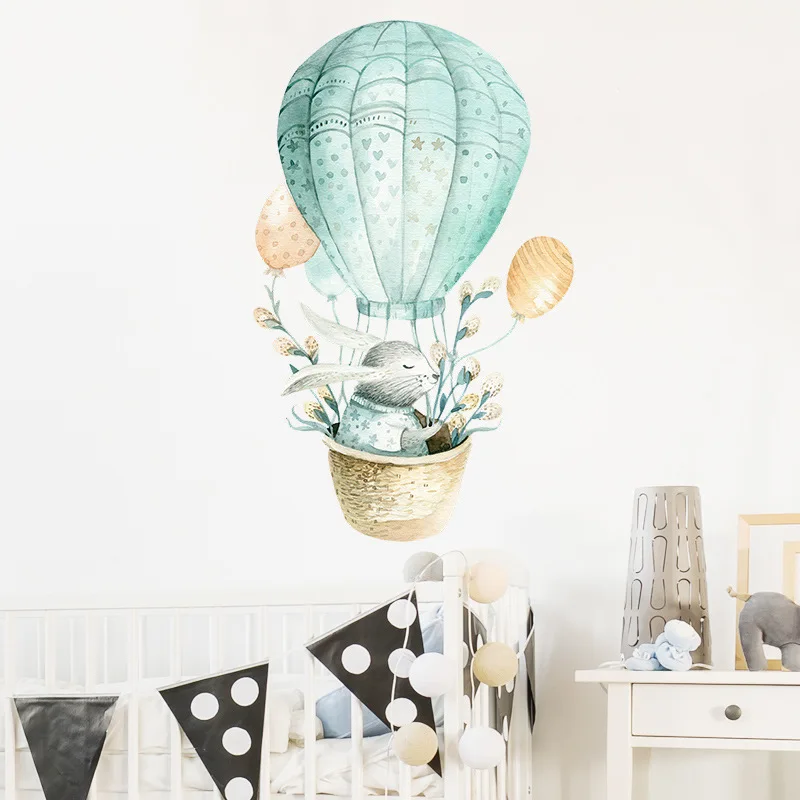 Cartoon Bunny Hot Air Balloon Wall Sticker kids child room home decoration wallpaper Cute animals bedroom mural nursery stickers | Дом и сад