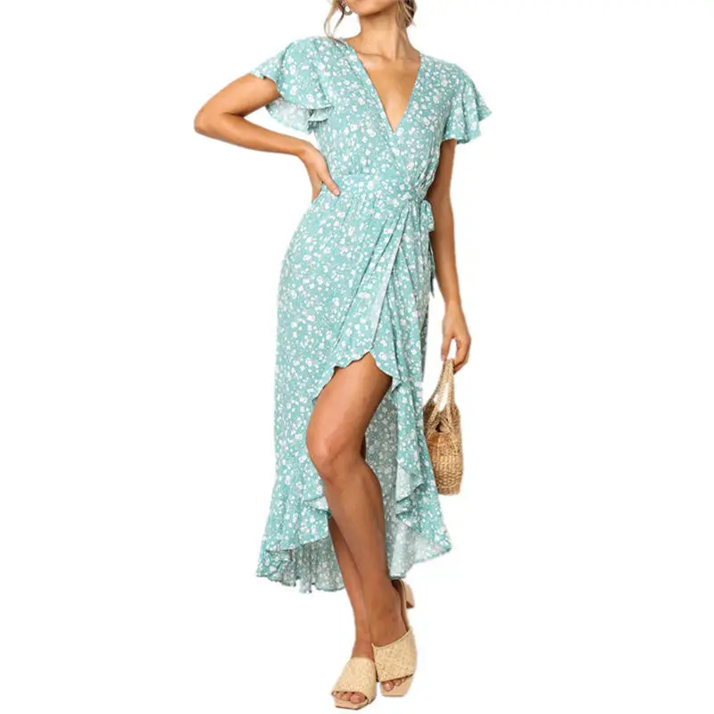 Женское летнее асимметричное платье миди с v-образным вырезом и коротким рукавом