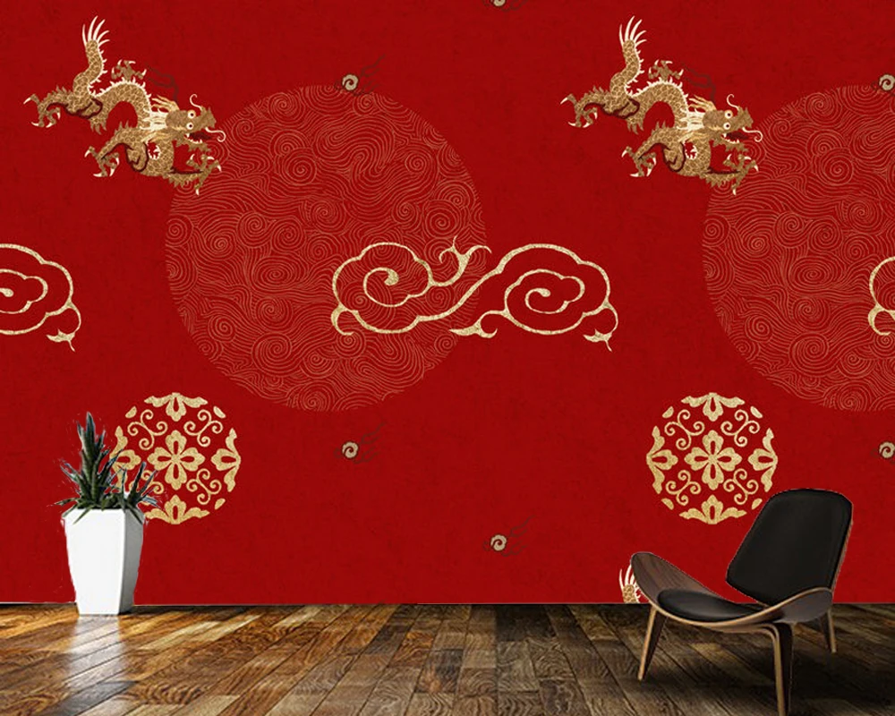 Papelデparede Oriental Dragonパターン赤背景中国風の壁紙壁画 リビングルームの寝室の壁論文の家の装飾 壁紙 Aliexpress