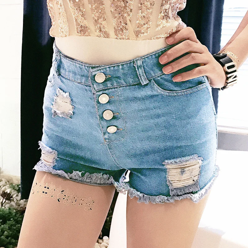 

Women's Sexy Shorts Front Button Back Zipper Pants Ripped Tassel High Waist Broke Hole Denim Short Jeans Female MLY826