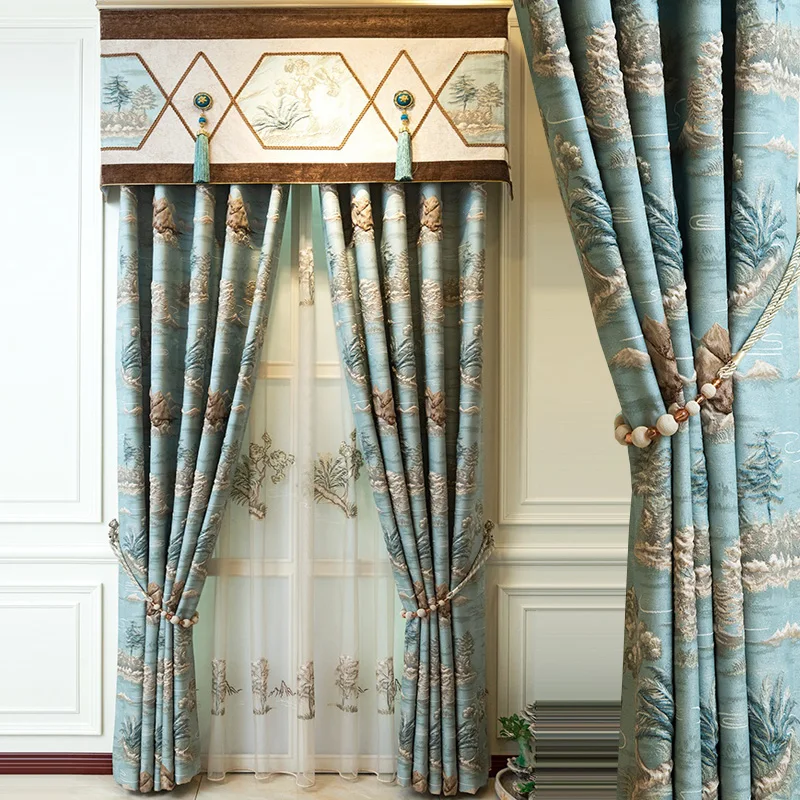 

Chinese curtain products high-end atmospheric luxury European relief jacquard light luxury floor window customization curtains