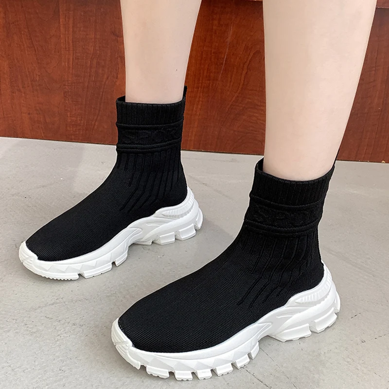 

Rimocy Thick Bottom Platform Women Ankle Boots 2021 Black White Slip on Knitted Socks Boots Woman Autumn Chunky Booties Mujer