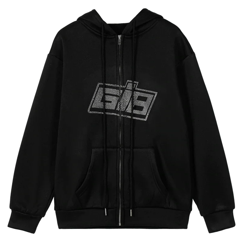 

Fashion stone Zipper Hoodies Oversized Vintage Solid Letter Long Sleeve Black Sweatshirts Autumn Outfits
