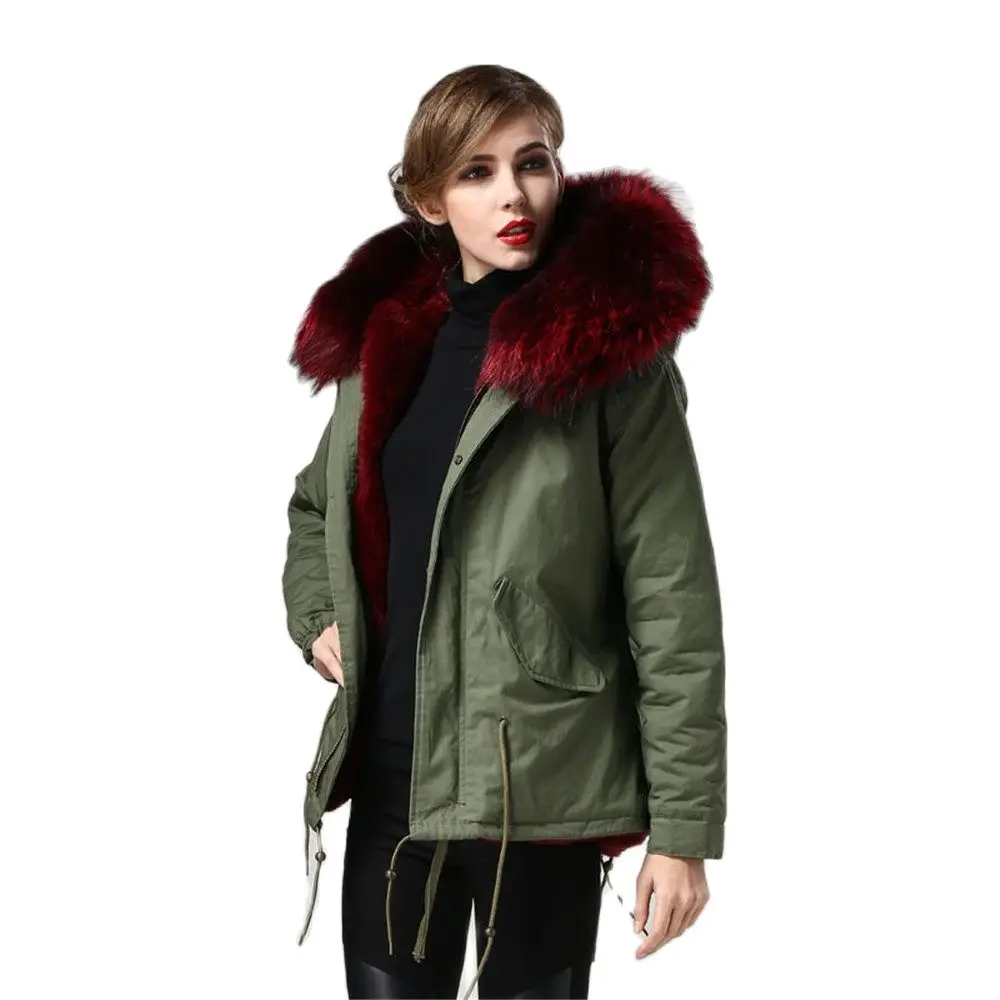 Mhnkro army green cotton shell beautifull huge raccoon fur collar short warm parka mrs winter wear XS-4XL plus size