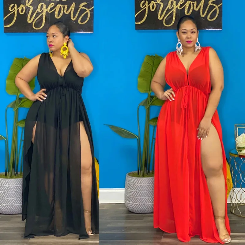 

3xl 4xl 5xl Plus Size Romper Long Dress Sleeveless Women Clothing Summer Chest Wrap V Neck Maxi Dresses New Arrivals 2021