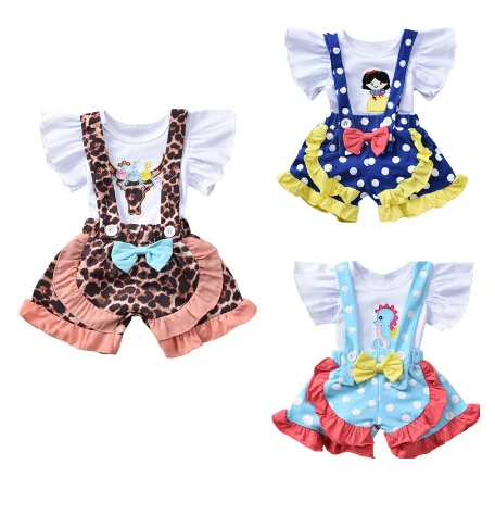 

0-3Y Newborn Infant Baby Girls Clothes Sets Cartoon Print Ruffles Sleeve T Shirts Tops+Bowknot Overalls Shorts