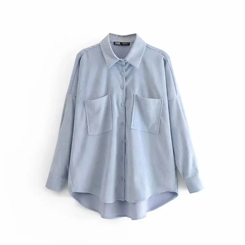 

yu l h Store Kvinnors 2021 Fashion Pocket Oversized Corduroy Shirt Retro Långärmad Asymmetrisk lös blus Chic Top