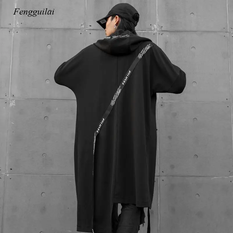 Autumn winter men asymmetric design ribbons patchwork hip hop punk rock trench coat male korean long cardigan vintage jackets | Мужская