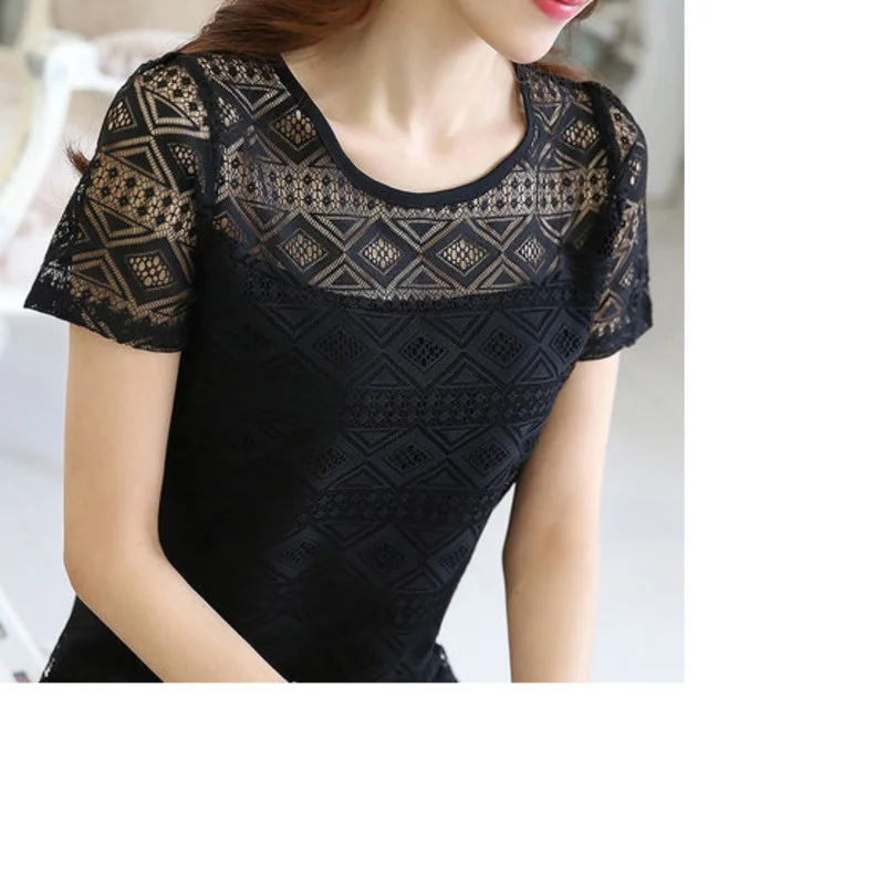 Летняя блузка женская белая кружевная размера плюс с коротким рукавом Корейская