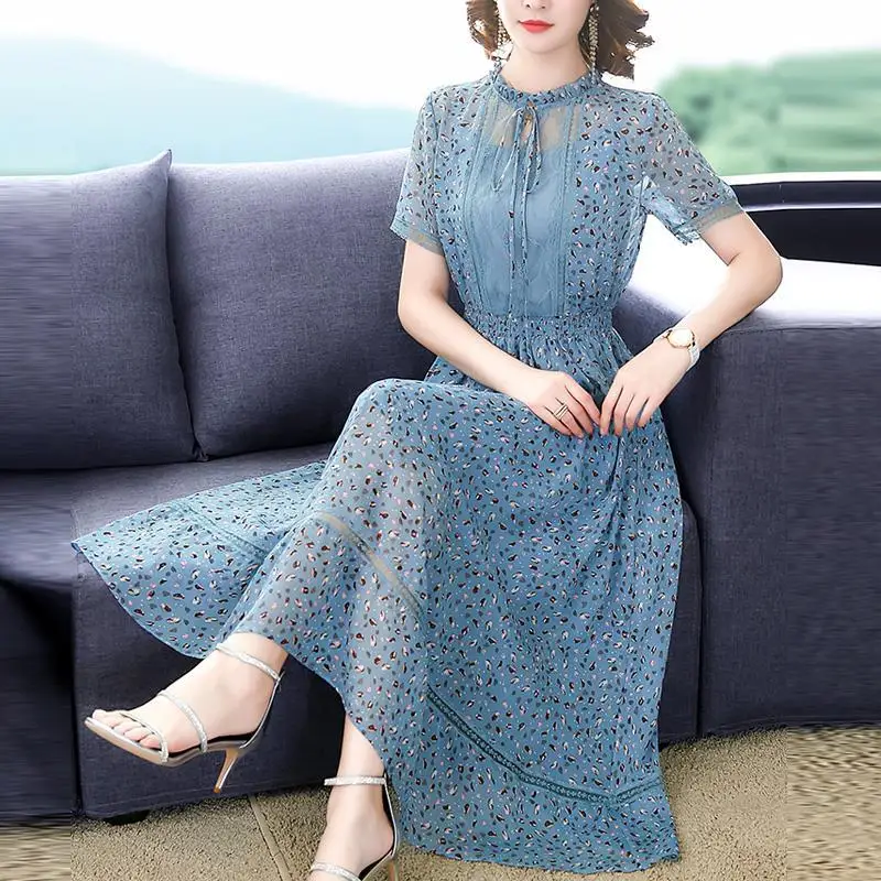 

Women's Spring Summer Style Chiffon Dress Women's Short Sleeve Lace Up Printed O-neck Korean Elegant Dress SS1905