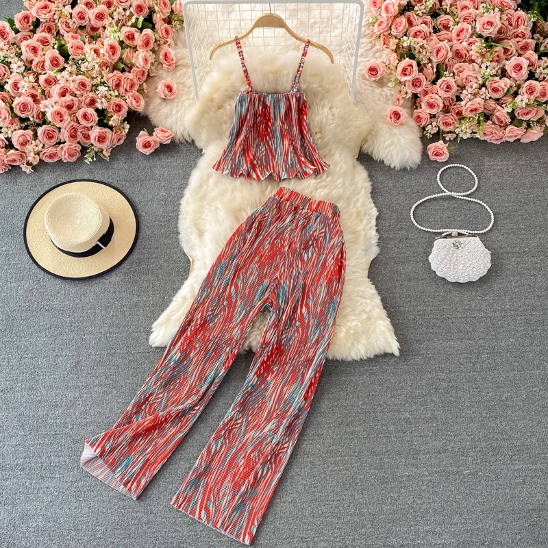 

Женский пляжный костюм для отпуска, летний комплект из двух предметов, пикантный укороченный топ с принтом и длинные плиссированные широкие брюки, 2021