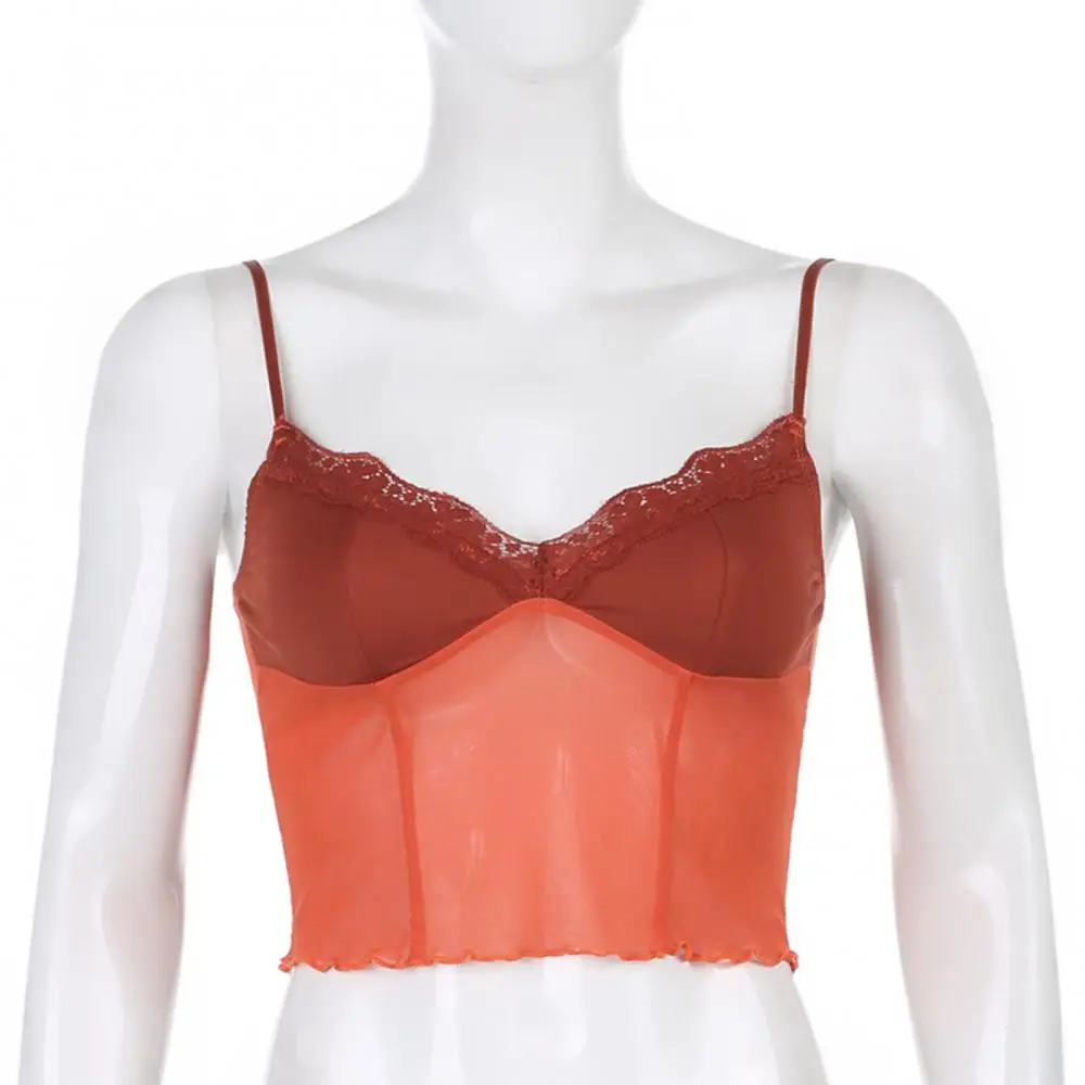 

Women Lace Trim Crop Top Mesh See Through Sleeveless V Neck Slim Camisole Vest Slim Camisole Vest