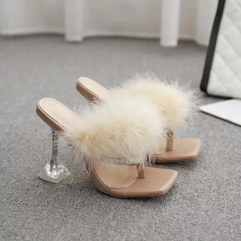 

Shoes Woman New 2021 Sexy High Heels Fur Shoes Stiletto Lady's Slippers The Suede Feather Slides Shoes Crystal Bling Slippers
