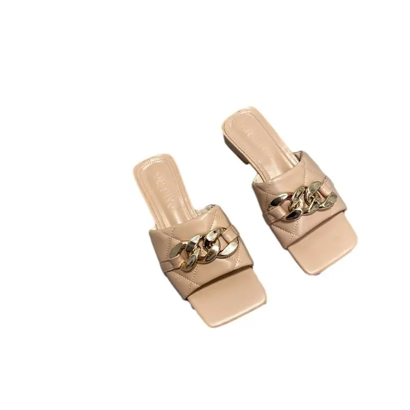 

Slippers Women Summer Square heel Female Shoes Luxury Slides Rubber Flip Flops Low Block 2021 Designer Hawaiian Chain PU Hoof He