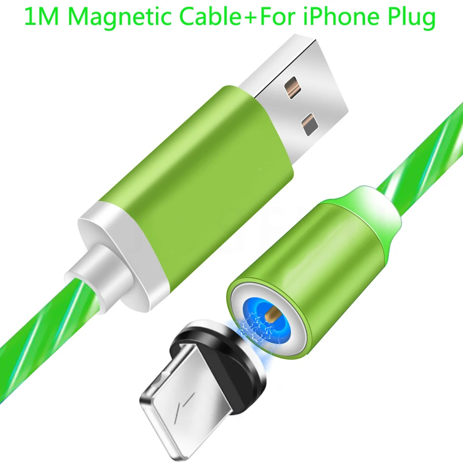 Магнитный кабель, светящийся, Тип C, Micro usb кабель для зарядки iPhone 7 8 huawei P20 P30 mate 20 Honor 7A 7C 7S 8X 8A кабель - Цвет: For iPhone Green