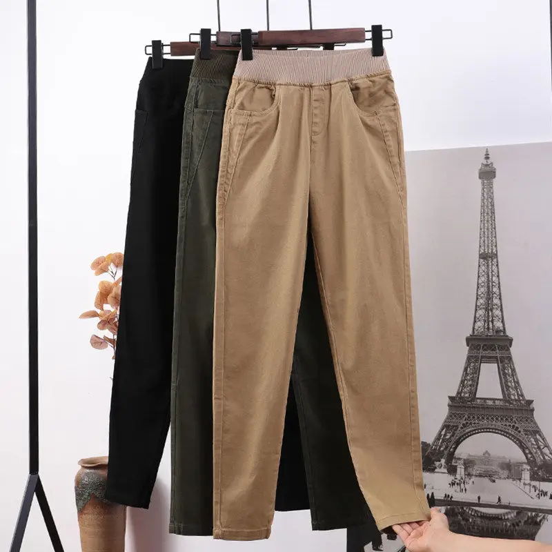 

2020 New Women Harem Pants Autumn Vintage Solid Casual Pleated Office Laldy High Waist Ladies Cotton Loose Flat Trousers M313