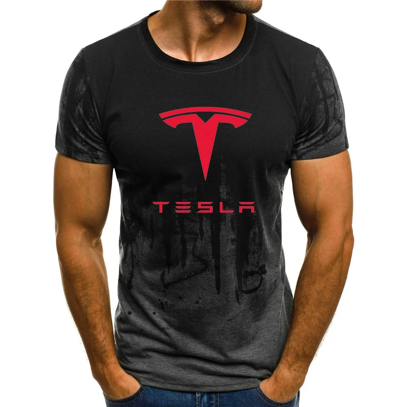 

Tesla summer men's short-sleeved milk silk T-shirt hip-hop style fashion letter printing casual 3D gradient splash ink top