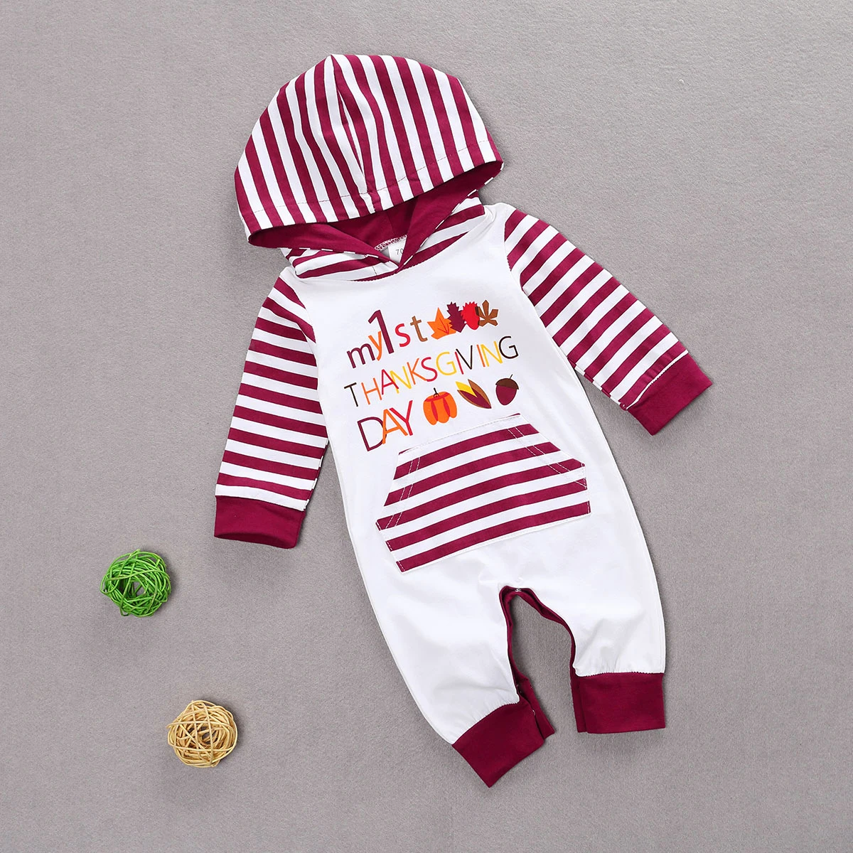 

Infant Baby Boys Girls Long Sleeve Jumpsuit Autumn Fashion Stripe and Letter Pattern Hooded Romper Thanksgiving Clothes