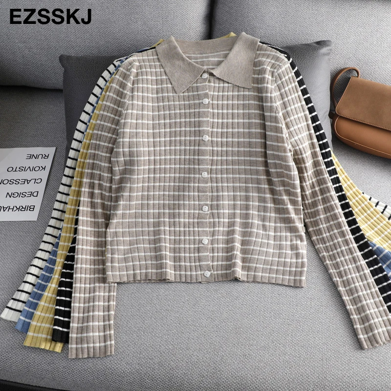 Осенне-весенний Полосатый Тонкий вязаный укороченный свитер пуловеры для женщин