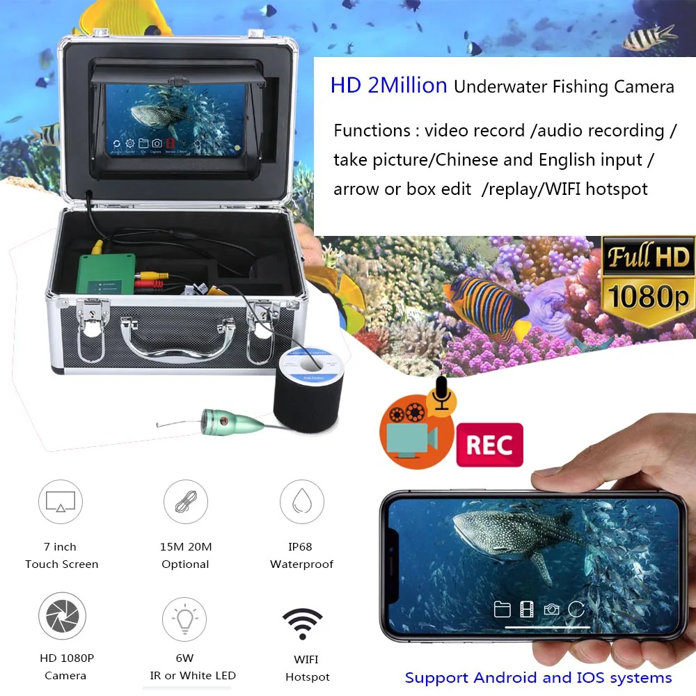 Рыболокатор для подводной рыбалки камера 1080P 7 дюймов Wi-Fi беспроводная 16 ГБ