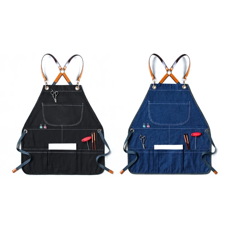 

Denim Canvas Apron Cross Back Adjustable Chef Apron Multi-pocket Sleeveless T21C