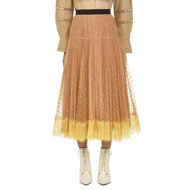 

Women Fashion Mesh Midi Skrits 2021 Summer Hot Sale Dots Orange High Waist