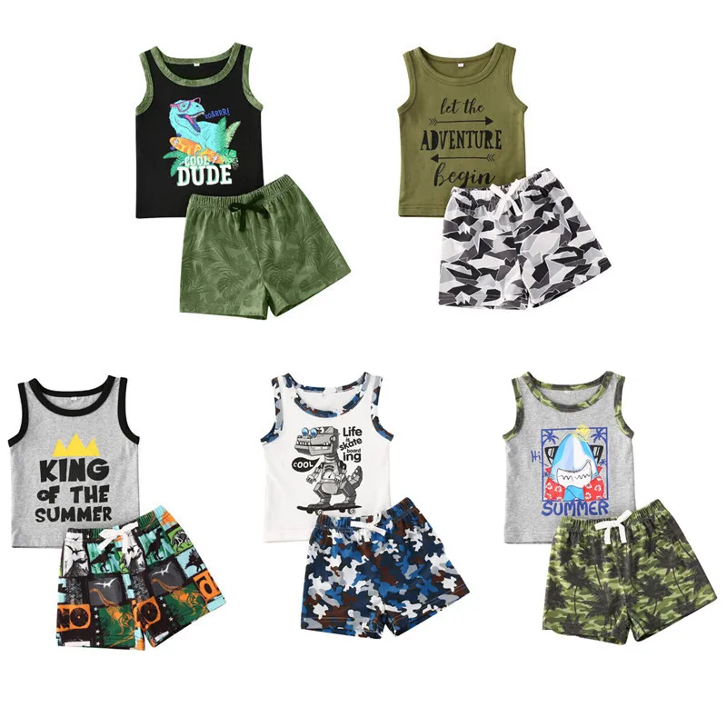 

Летняя одежда для маленьких мальчиков от 0 до 24 месяцев жилет без рукавов с печатным рисунком из мультфильма, топы + зеленые шорты в армейско...